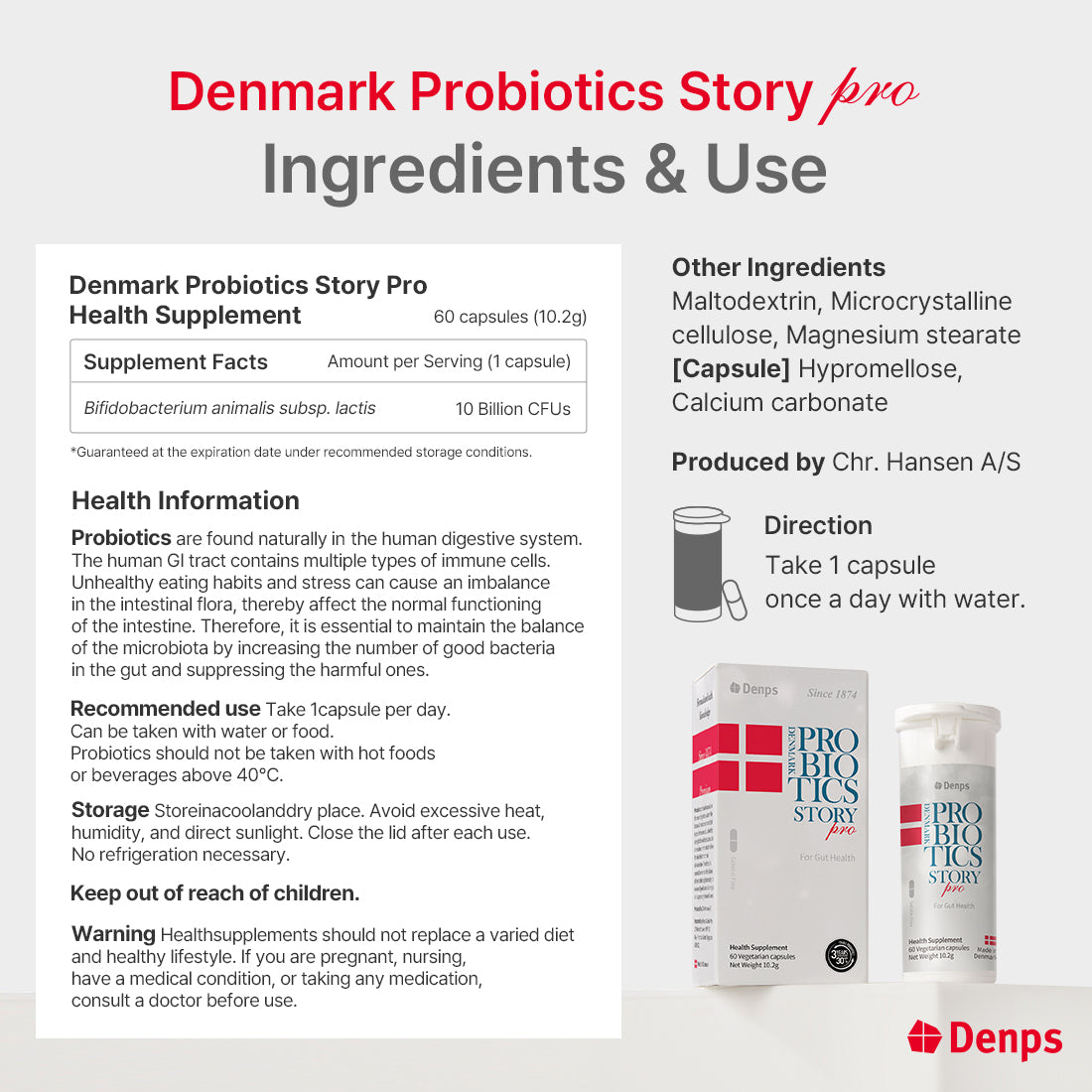 Denps Denmark Probiotics Story Pro - 10 Billion CFU BB-12® strains from Chr. Hansen, 2months 60 capsules