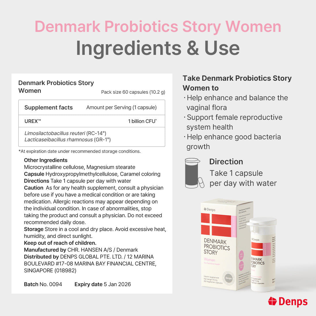 Denmark Probiotics Premium Women for Feminine Health - 2 probiotics strains, RC-14® & GR-1® by Chr. Hansen, 60 capsules