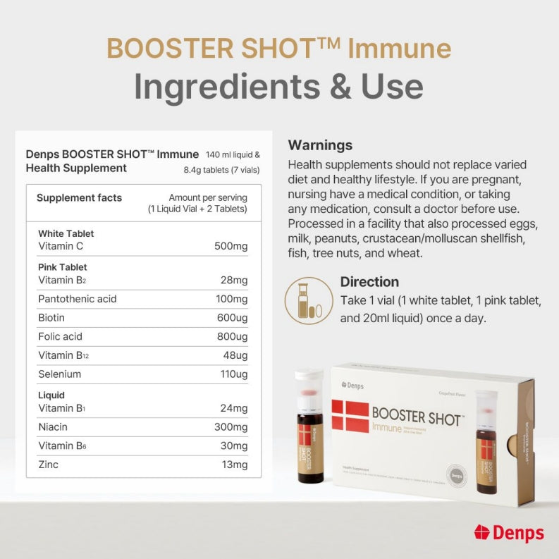 Denps Booster Shot Immune Support Multivitamin & Mineral Vitamin Supplement Liquid and Tablet , 7 Vials 1 Week(Valid until 02Nov2025)