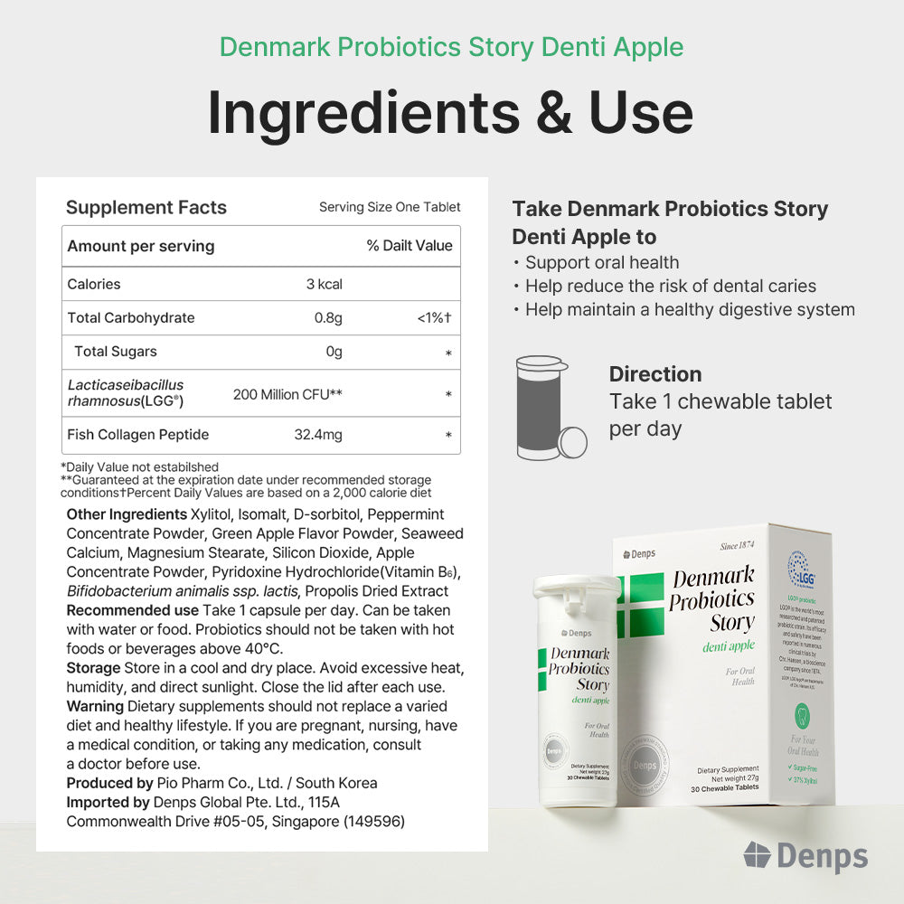 Denmark Probiotics Story Denti Apple, 30 Chewable Tablets