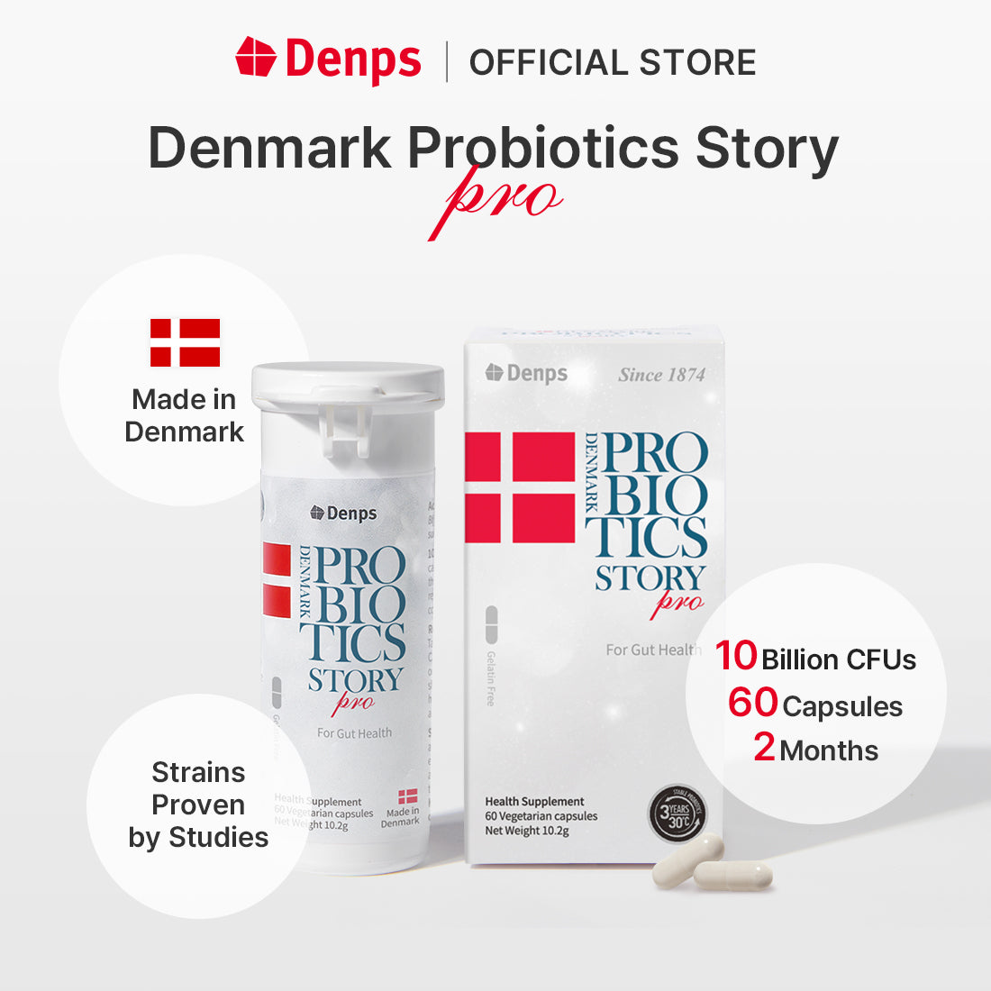 Denmark Probiotics Story Pro, 10 Billion CFU BB-12® Strains, 60 Capsules (2 Months)