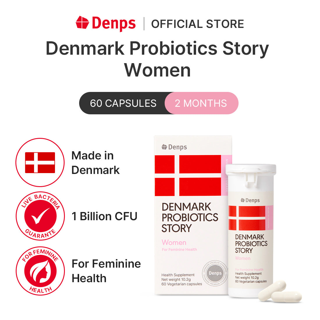 Denmark Probiotics Premium Women for Feminine Health - 2 probiotics strains, RC-14® & GR-1® by Chr. Hansen, 60 capsules