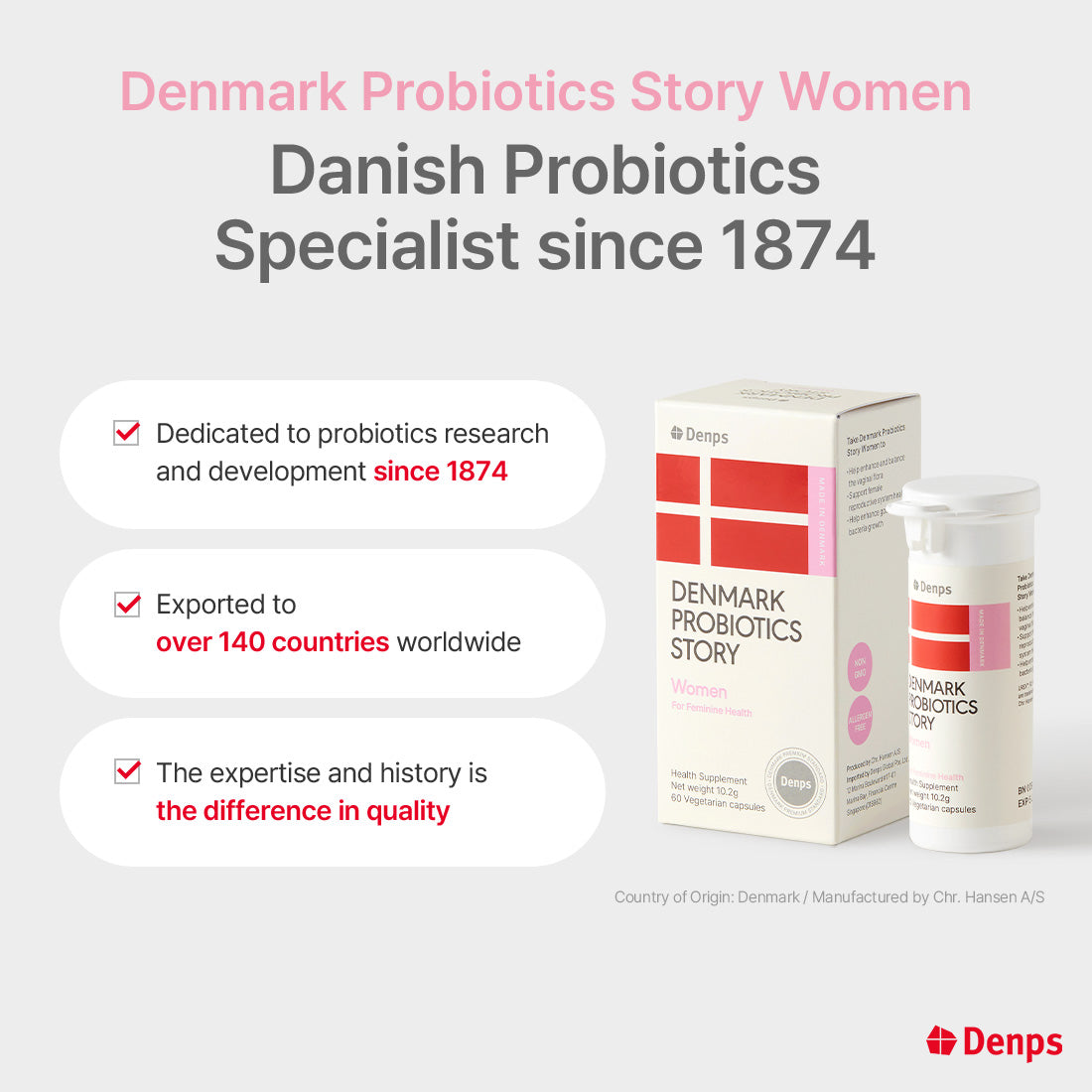 Denmark Probiotics Premium Women for Feminine Health - 2 probiotics strains, RC-14® & GR-1® by Chr. Hansen, 60 capsules