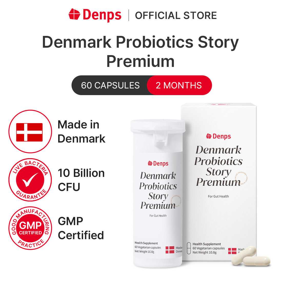 Denps Denmark Probiotics Story Premium - 10 Billion CFU LGG® & BB-12® strains from Chr. Hansen, 2months 60 capsules