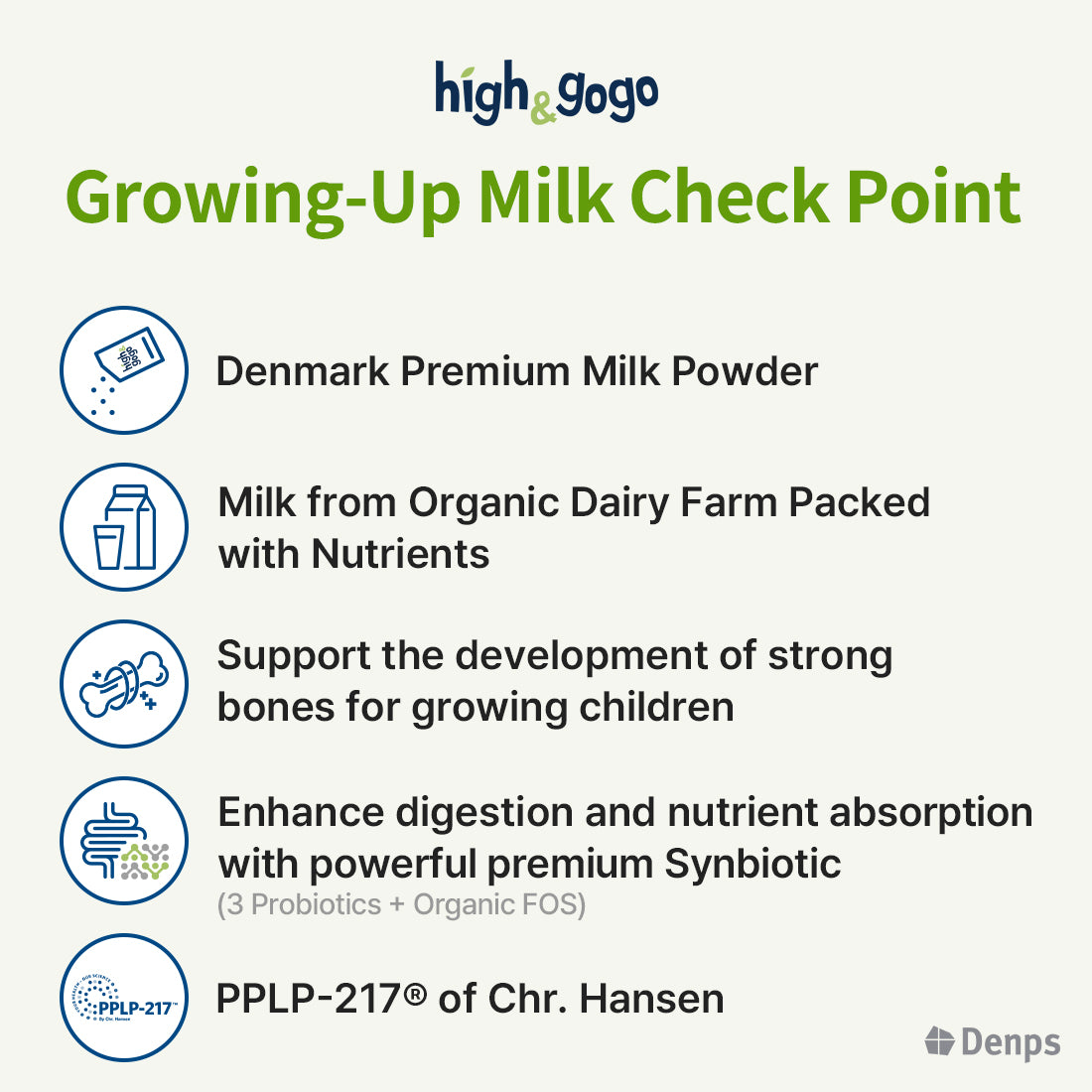 Denps High & Gogo Growing up Milk, Denmark Organic Milk Powder, PPLP-217, B.lactis, L.rhamnosus, Organic FOS, 15 sachet