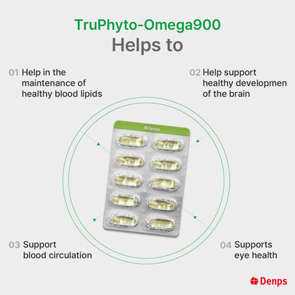 Denps TruPhyto-Omega 900 100% Plant-based Microalgae Omega-3, Less odor than fish-based Omega-3 (DHA 600mg, EPA 300mg)