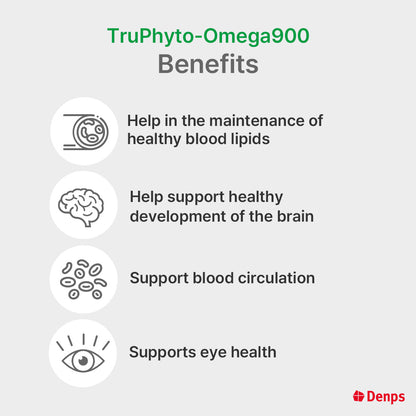 Denps TruPhyto-Omega 900 100% Plant-based Microalgae Omega-3, Less odor than fish-based Omega-3 (DHA 600mg, EPA 300mg)